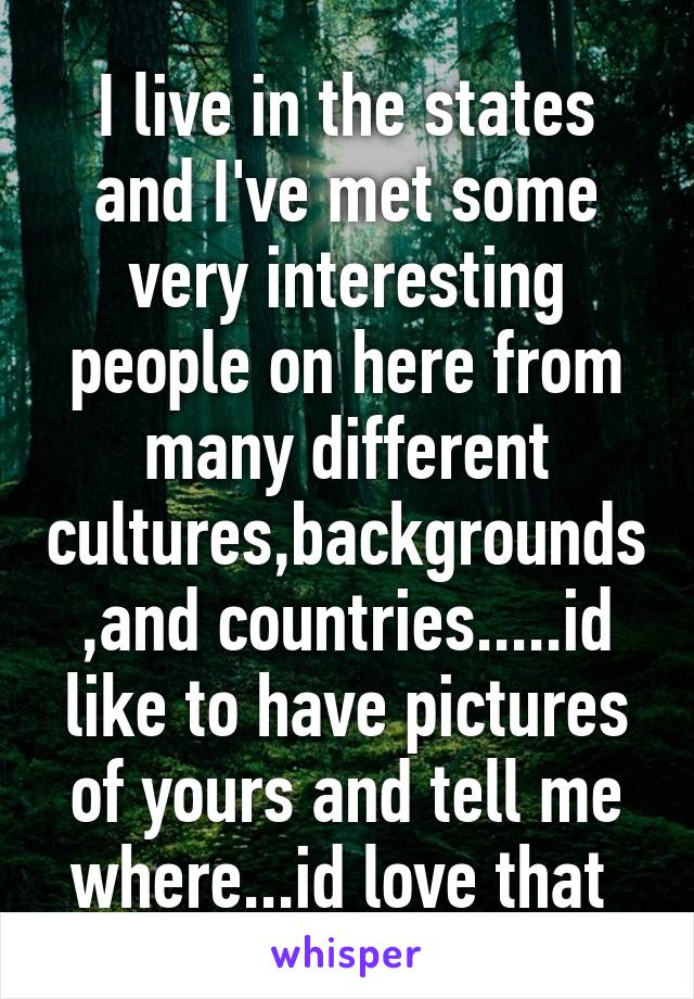 I live in the states and I've met some very interesting people on here from many different cultures,backgrounds,and countries.....id like to have pictures of yours and tell me where...id love that 