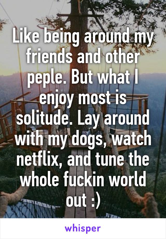 Like being around my friends and other peple. But what I enjoy most is solitude. Lay around with my dogs, watch netflix, and tune the whole fuckin world out :)