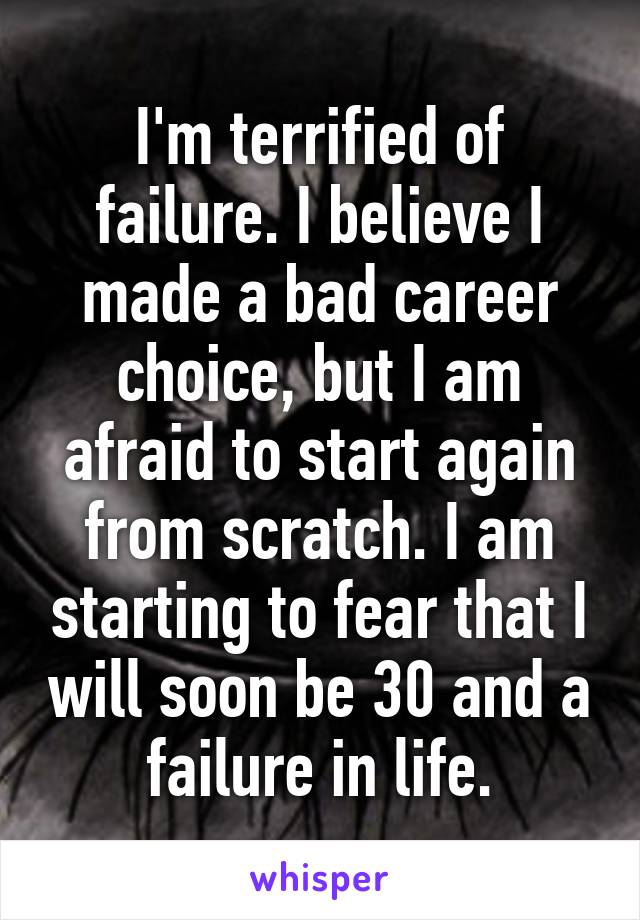 I'm terrified of failure. I believe I made a bad career choice, but I am afraid to start again from scratch. I am starting to fear that I will soon be 30 and a failure in life.