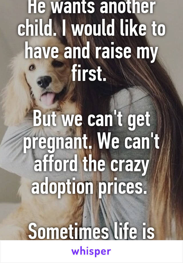 He wants another child. I would like to have and raise my first. 

But we can't get pregnant. We can't afford the crazy adoption prices. 

Sometimes life is cruel. 