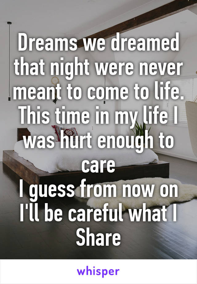 Dreams we dreamed that night were never meant to come to life.
This time in my life I was hurt enough to care
I guess from now on I'll be careful what I Share