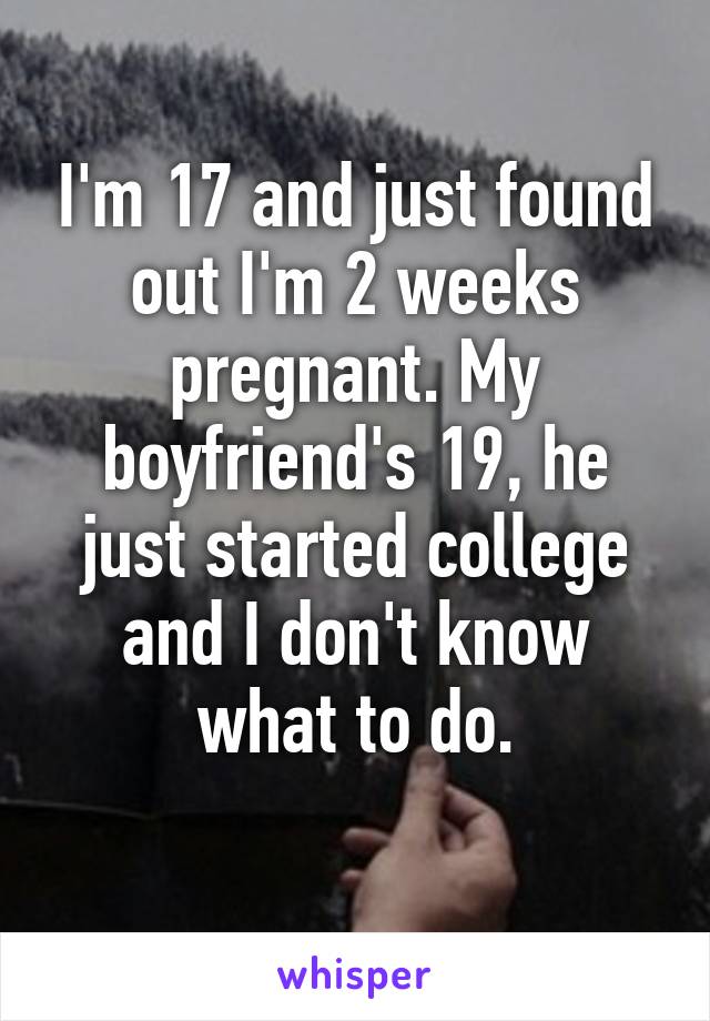 I'm 17 and just found out I'm 2 weeks pregnant. My boyfriend's 19, he just started college and I don't know what to do.
