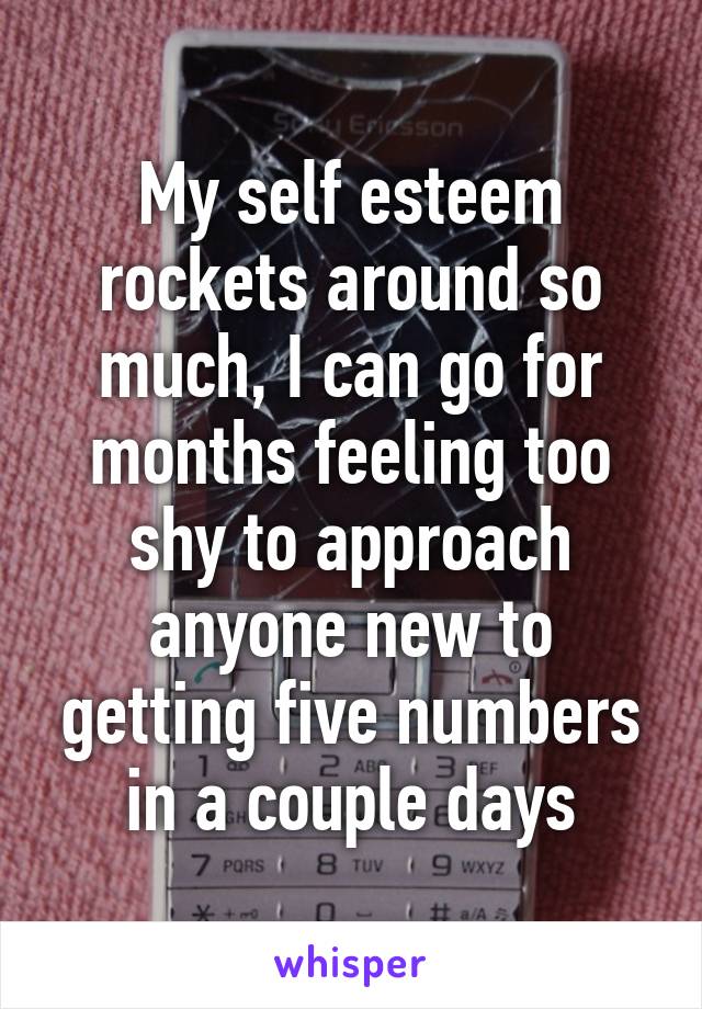 My self esteem rockets around so much, I can go for months feeling too shy to approach anyone new to getting five numbers in a couple days