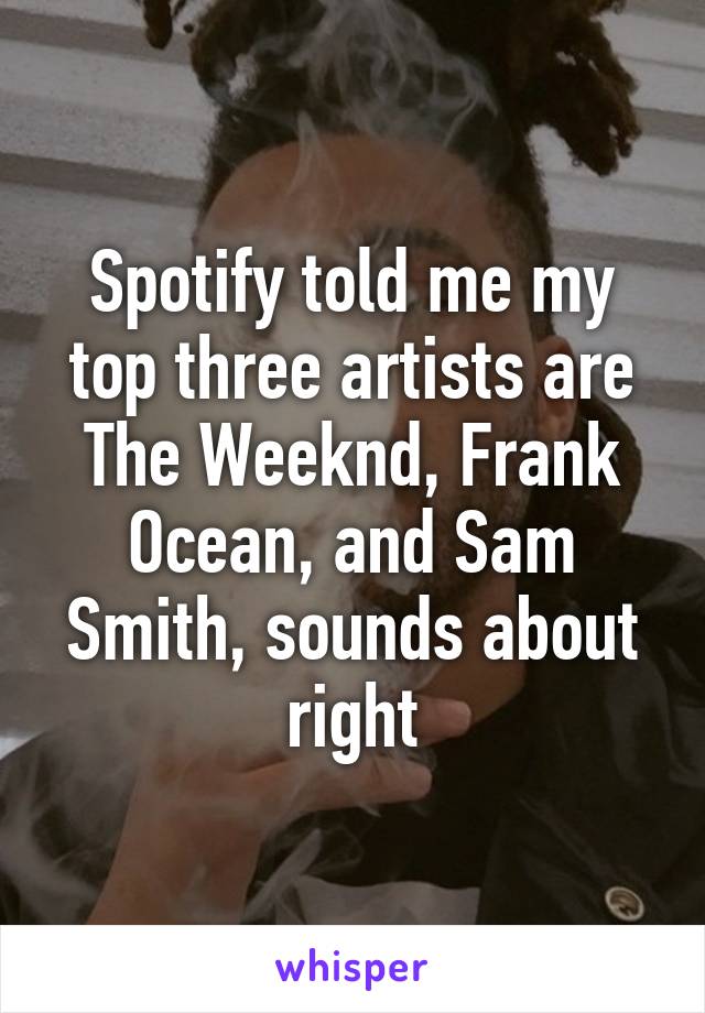 Spotify told me my top three artists are The Weeknd, Frank Ocean, and Sam Smith, sounds about right