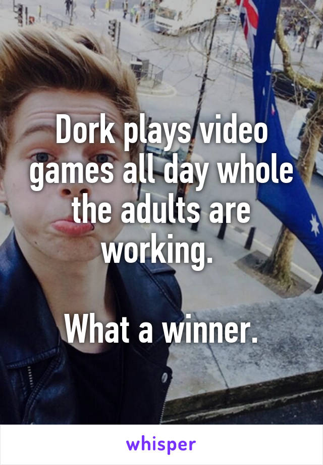 Dork plays video games all day whole the adults are working. 

What a winner.