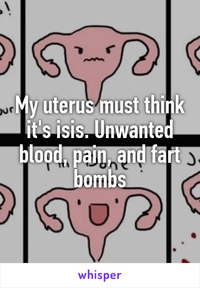 My uterus must think it's isis. Unwanted blood, pain, and fart bombs