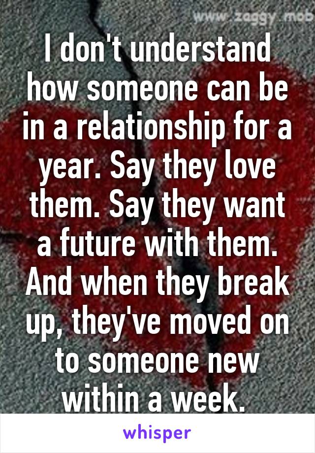 I don't understand how someone can be in a relationship for a year. Say they love them. Say they want a future with them. And when they break up, they've moved on to someone new within a week. 