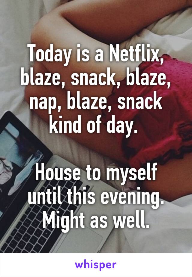 Today is a Netflix, blaze, snack, blaze, nap, blaze, snack kind of day. 

House to myself until this evening. Might as well.