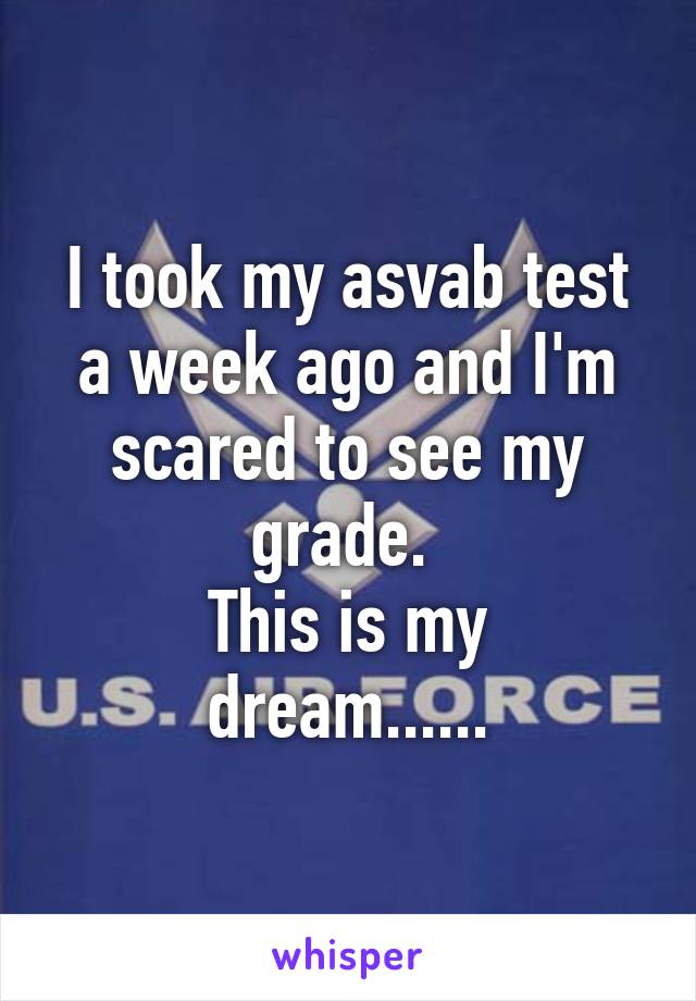 I took my asvab test a week ago and I'm scared to see my grade. 
This is my dream......