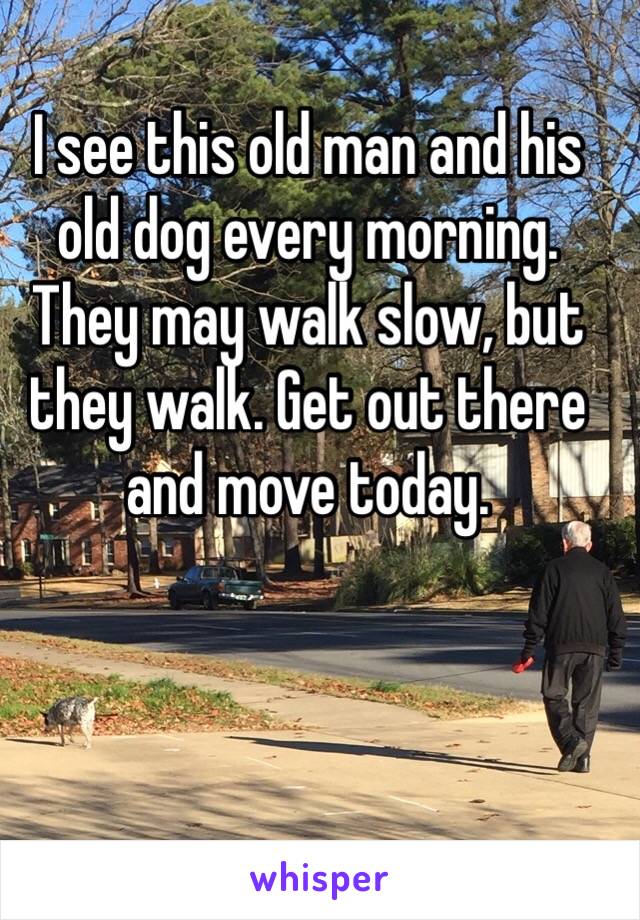 I see this old man and his old dog every morning. They may walk slow, but they walk. Get out there and move today. 