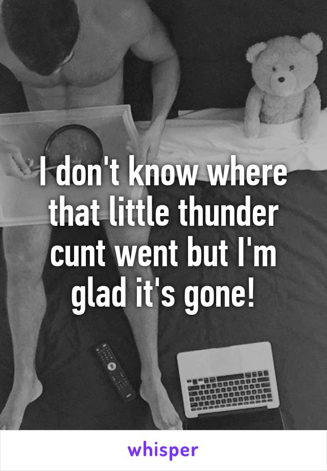 I don't know where that little thunder cunt went but I'm glad it's gone!