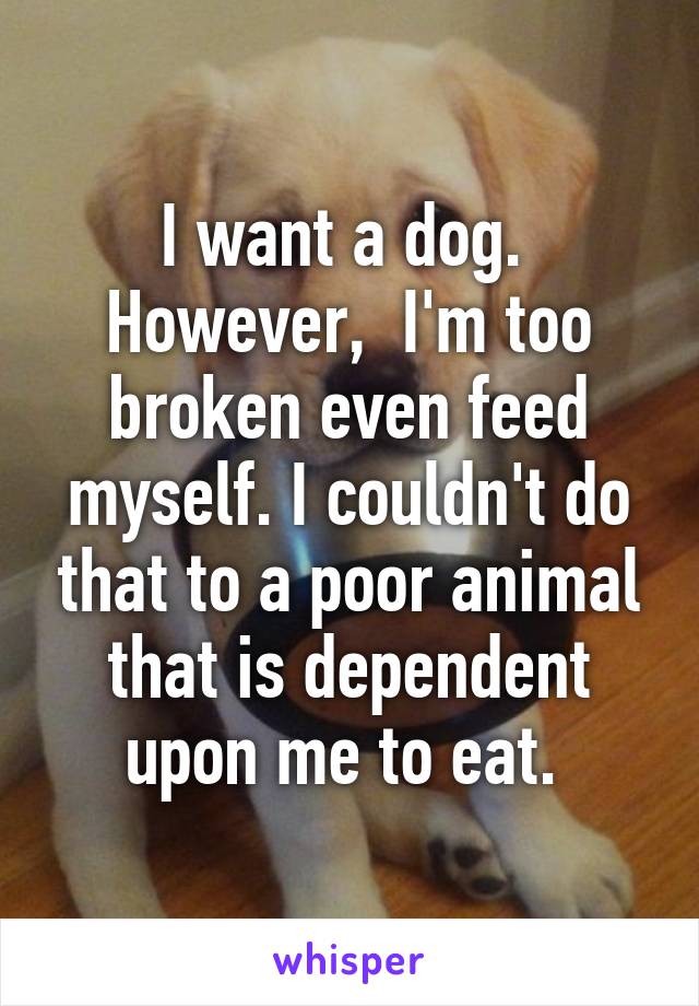 I want a dog. 
However,  I'm too broken even feed myself. I couldn't do that to a poor animal that is dependent upon me to eat. 