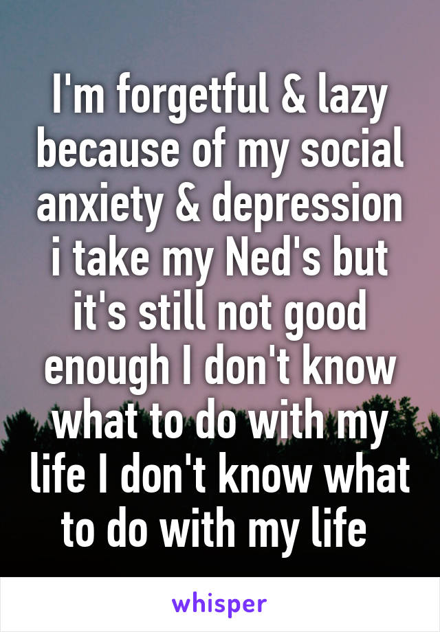 I'm forgetful & lazy because of my social anxiety & depression i take my Ned's but it's still not good enough I don't know what to do with my life I don't know what to do with my life 