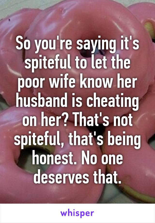 So you're saying it's spiteful to let the poor wife know her husband is cheating on her? That's not spiteful, that's being honest. No one deserves that.