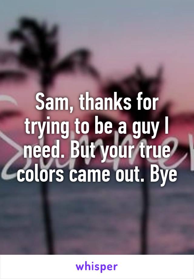 Sam, thanks for trying to be a guy I need. But your true colors came out. Bye