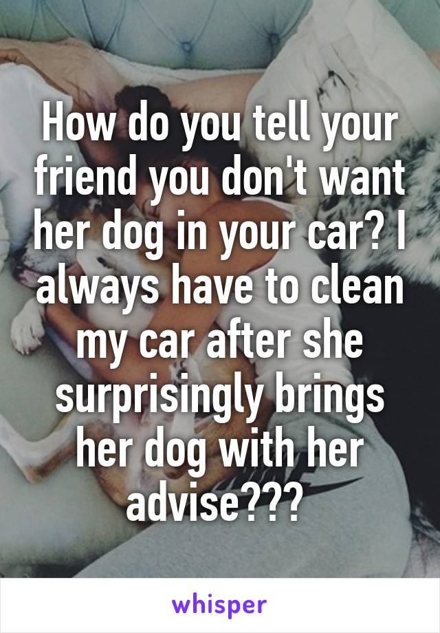 How do you tell your friend you don't want her dog in your car? I always have to clean my car after she surprisingly brings her dog with her advise??? 