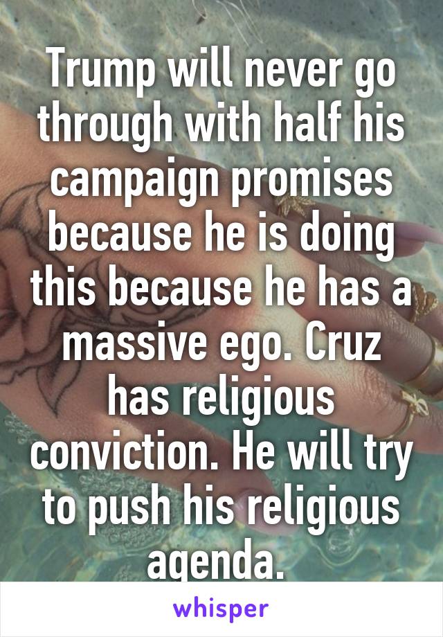 Trump will never go through with half his campaign promises because he is doing this because he has a massive ego. Cruz has religious conviction. He will try to push his religious agenda. 