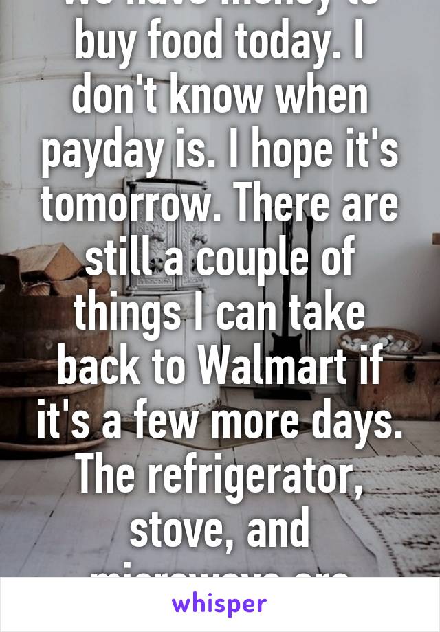 We have money to buy food today. I don't know when payday is. I hope it's tomorrow. There are still a couple of things I can take back to Walmart if it's a few more days. The refrigerator, stove, and microwave are broken. 