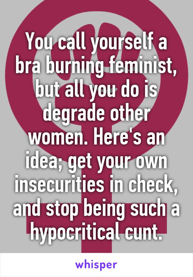 You call yourself a bra burning feminist, but all you do is degrade other women. Here's an idea; get your own insecurities in check, and stop being such a hypocritical cunt.