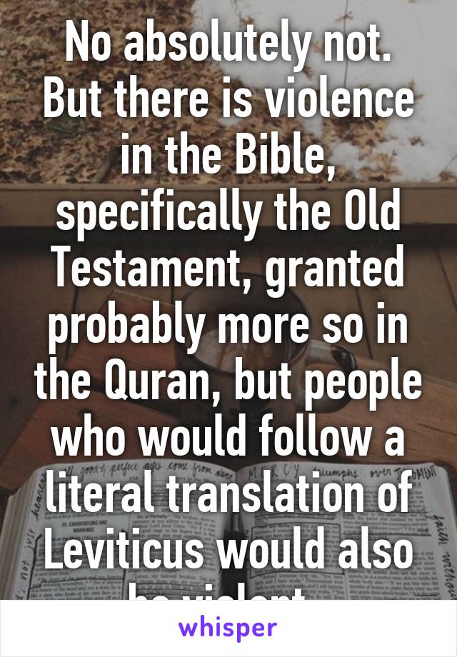 No absolutely not. But there is violence in the Bible, specifically the Old Testament, granted probably more so in the Quran, but people who would follow a literal translation of Leviticus would also be violent. 