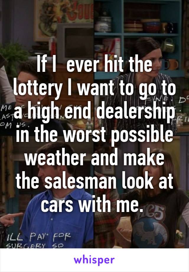 If I  ever hit the lottery I want to go to a high end dealership in the worst possible weather and make the salesman look at cars with me. 