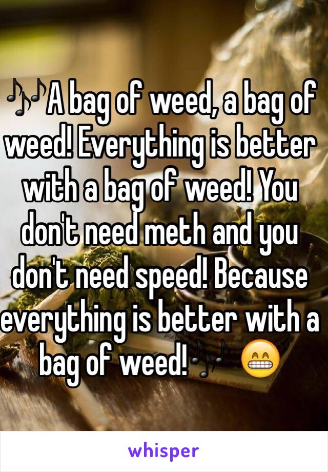 🎶A bag of weed, a bag of weed! Everything is better with a bag of weed! You don't need meth and you don't need speed! Because everything is better with a bag of weed!🎶 😁