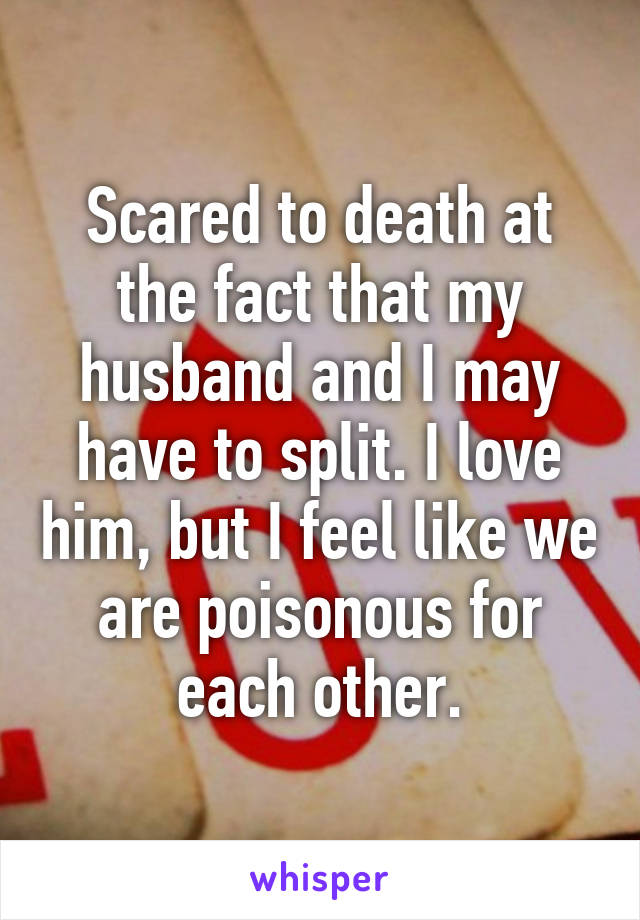 Scared to death at the fact that my husband and I may have to split. I love him, but I feel like we are poisonous for each other.