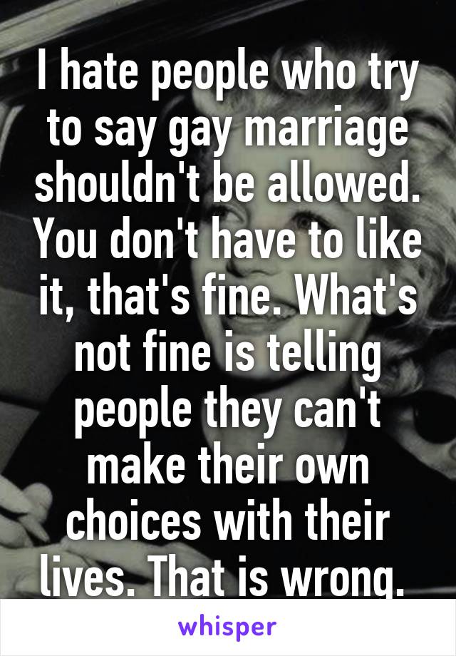 I hate people who try to say gay marriage shouldn't be allowed. You don't have to like it, that's fine. What's not fine is telling people they can't make their own choices with their lives. That is wrong. 