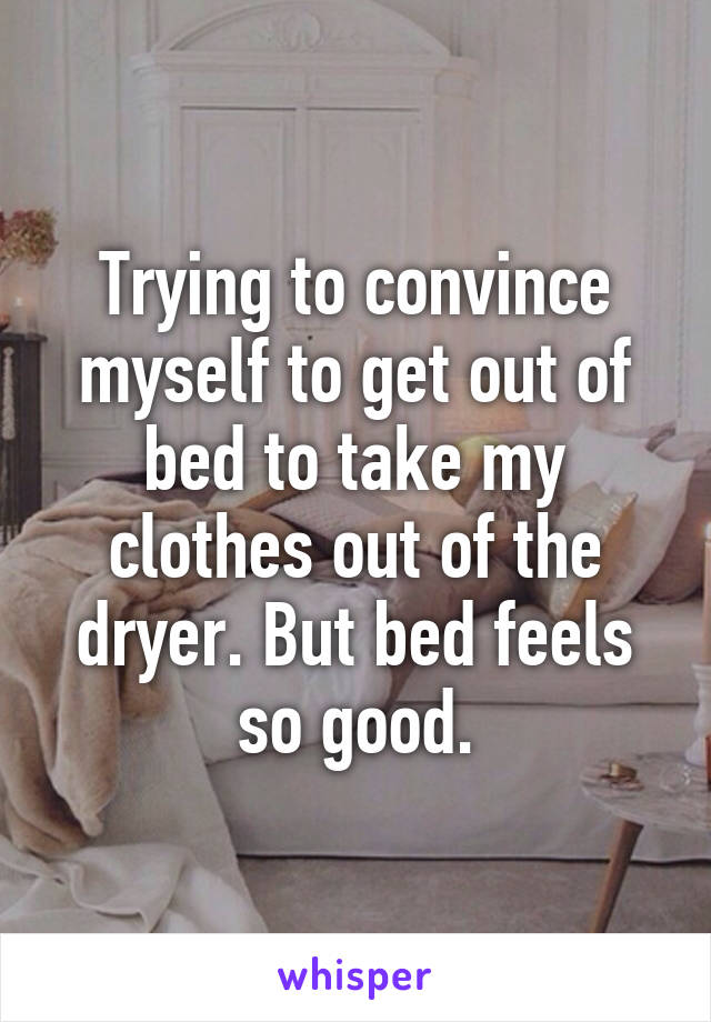 Trying to convince myself to get out of bed to take my clothes out of the dryer. But bed feels so good.