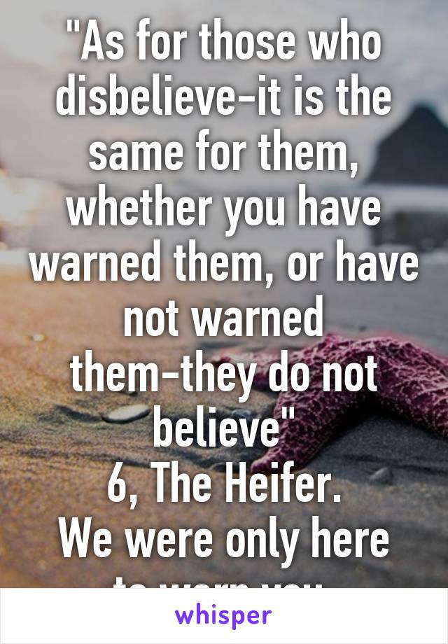 "As for those who disbelieve-it is the same for them, whether you have warned them, or have not warned them-they do not believe"
6, The Heifer.
We were only here to warn you.