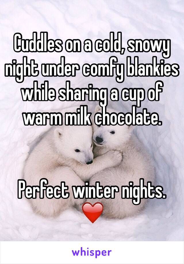 Cuddles on a cold, snowy night under comfy blankies while sharing a cup of warm milk chocolate.


Perfect winter nights.
❤️