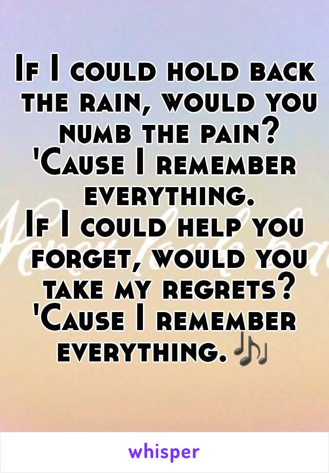 If I could hold back the rain, would you numb the pain?
'Cause I remember everything.
If I could help you forget, would you take my regrets?
'Cause I remember everything.🎶  