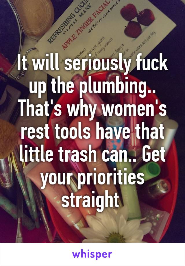 It will seriously fuck up the plumbing.. That's why women's rest tools have that little trash can.. Get your priorities straight 