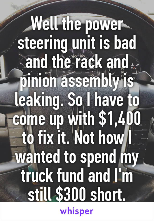 Well the power steering unit is bad and the rack and pinion assembly is leaking. So I have to come up with $1,400 to fix it. Not how I wanted to spend my truck fund and I'm still $300 short.