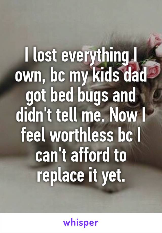 I lost everything I own, bc my kids dad got bed bugs and didn't tell me. Now I feel worthless bc I can't afford to replace it yet.