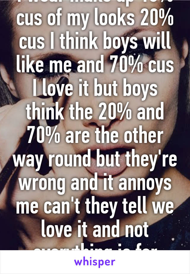 I wear make up 10% cus of my looks 20% cus I think boys will like me and 70% cus I love it but boys think the 20% and 70% are the other way round but they're wrong and it annoys me can't they tell we love it and not everything is for them