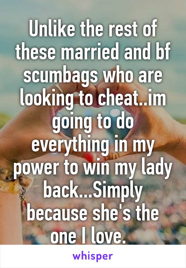 Unlike the rest of these married and bf scumbags who are looking to cheat..im going to do everything in my power to win my lady back...Simply because she's the one I love.  