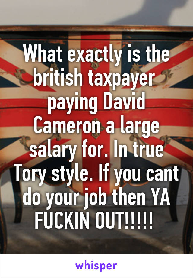 What exactly is the british taxpayer  paying David Cameron a large salary for. In true Tory style. If you cant do your job then YA FUCKIN OUT!!!!! 