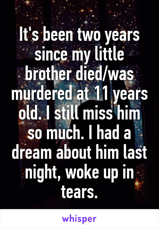 It's been two years since my little brother died/was murdered at 11 years old. I still miss him so much. I had a dream about him last night, woke up in tears.