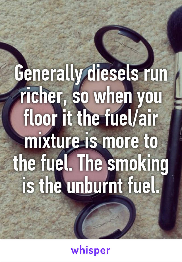 Generally diesels run richer, so when you floor it the fuel/air mixture is more to the fuel. The smoking is the unburnt fuel.