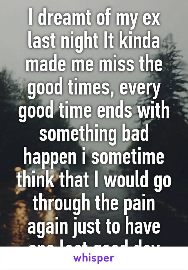 I dreamt of my ex last night It kinda made me miss the good times, every good time ends with something bad happen i sometime think that I would go through the pain again just to have one last good day