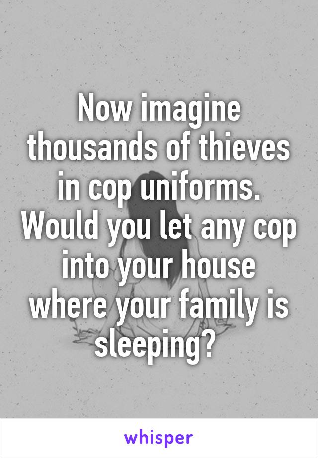 Now imagine thousands of thieves in cop uniforms. Would you let any cop into your house where your family is sleeping? 