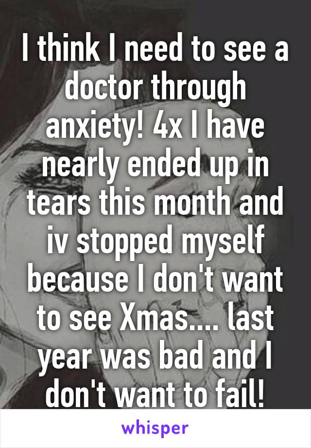 I think I need to see a doctor through anxiety! 4x I have nearly ended up in tears this month and iv stopped myself because I don't want to see Xmas.... last year was bad and I don't want to fail!