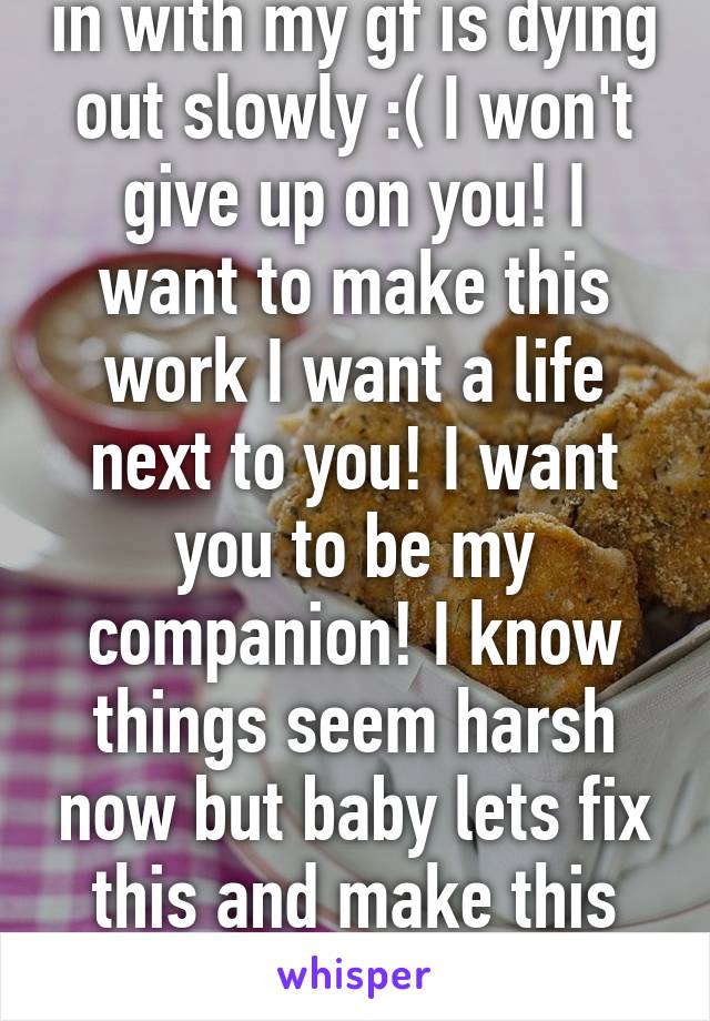 The relationship I'm in with my gf is dying out slowly :( I won't give up on you! I want to make this work I want a life next to you! I want you to be my companion! I know things seem harsh now but baby lets fix this and make this work! I love you BBQ! 