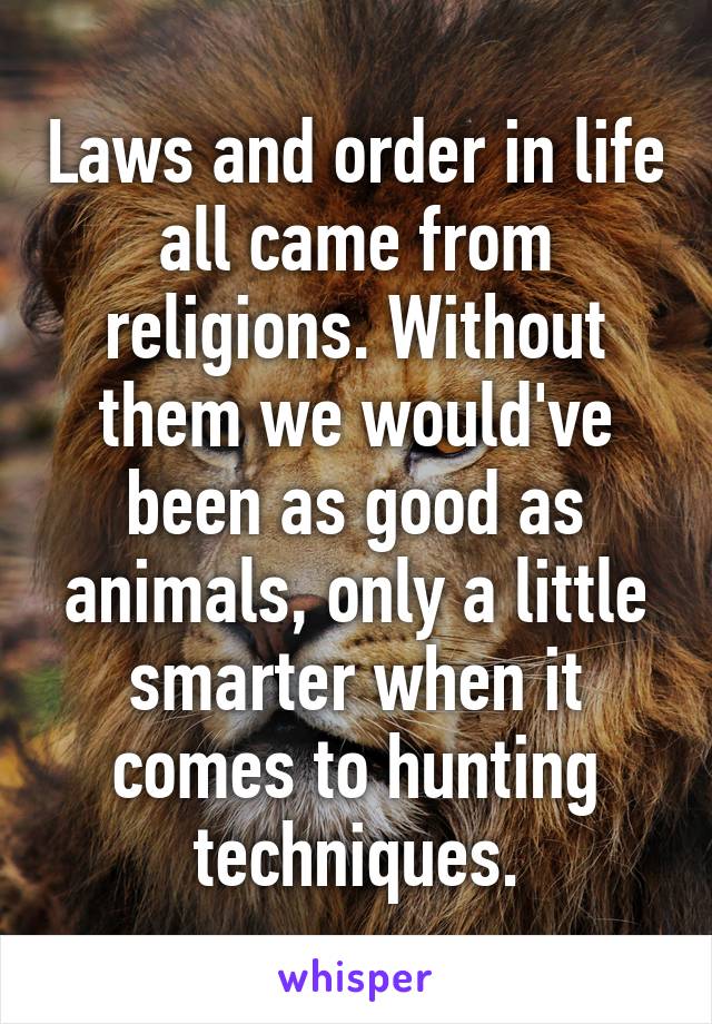 Laws and order in life all came from religions. Without them we would've been as good as animals, only a little smarter when it comes to hunting techniques.