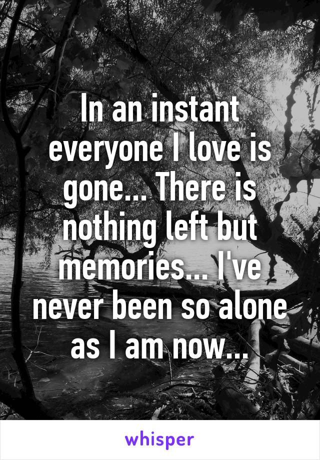 In an instant everyone I love is gone... There is nothing left but memories... I've never been so alone as I am now...