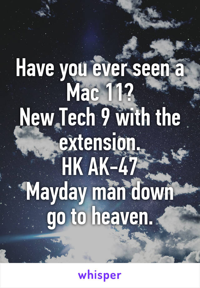 Have you ever seen a Mac 11?
New Tech 9 with the extension.
HK AK-47
Mayday man down go to heaven.