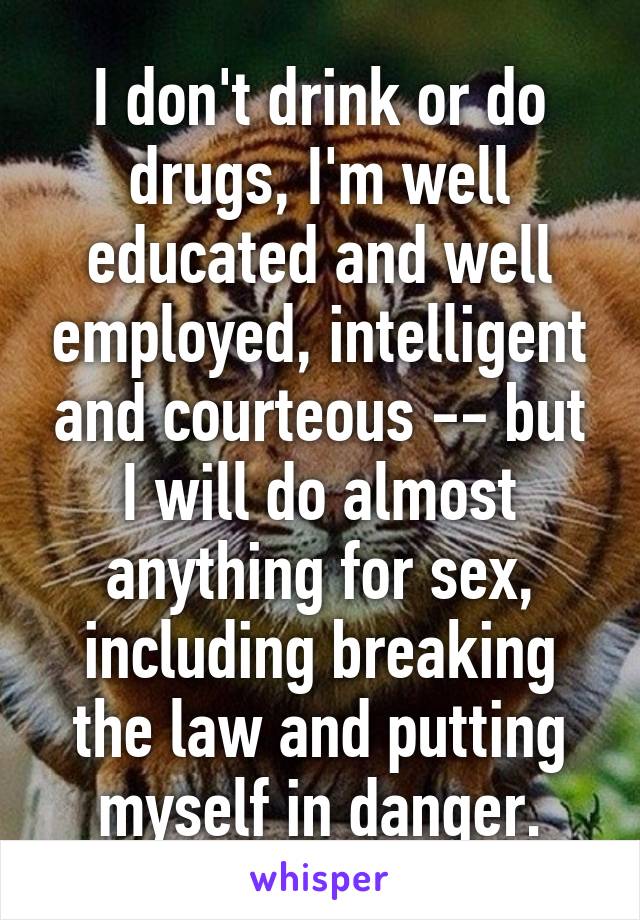 I don't drink or do drugs, I'm well educated and well employed, intelligent and courteous -- but I will do almost anything for sex, including breaking the law and putting myself in danger.