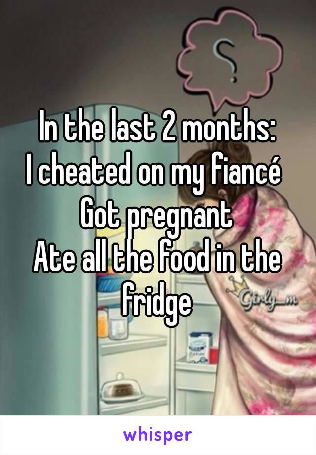 In the last 2 months:
I cheated on my fiancé 
Got pregnant
Ate all the food in the fridge 