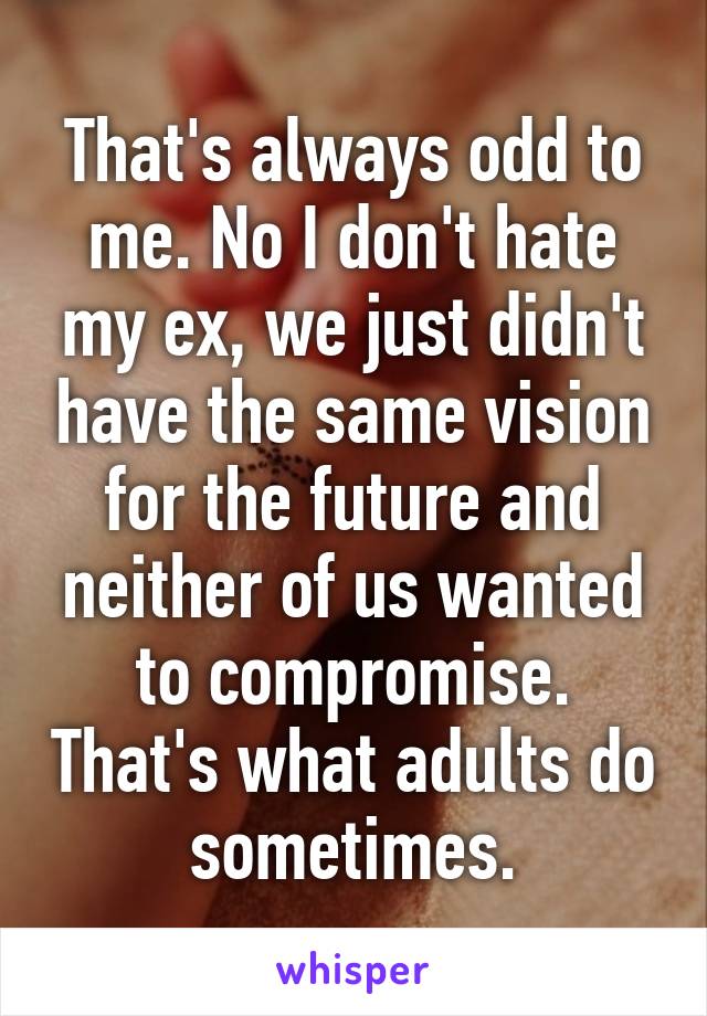 That's always odd to me. No I don't hate my ex, we just didn't have the same vision for the future and neither of us wanted to compromise. That's what adults do sometimes.